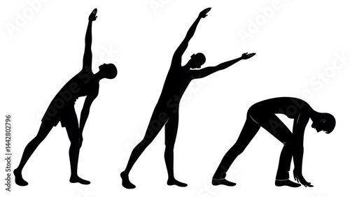 Vector illustration shows black silhouettes of sport people, including a man in action, likely a runner or player, against a white background