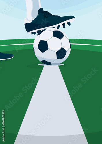 A soccer player preparing for kickoff, standing on a football field with the ball on the center line. Minimalist, clean sports design perfect for a football event promo