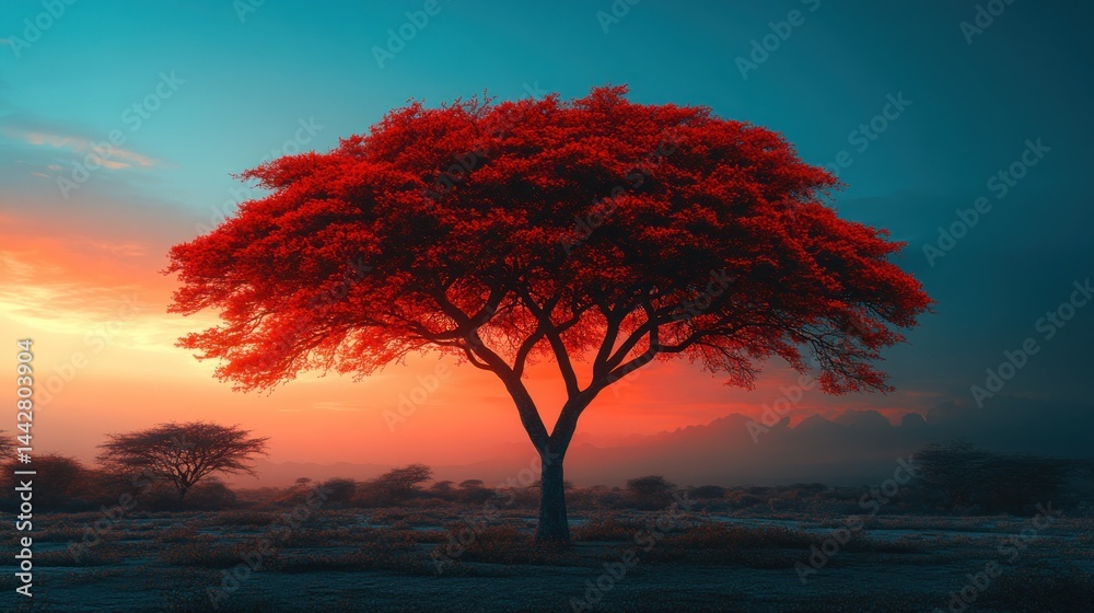 Fototapeta premium Red tree sunset savanna sunrise landscape Africa