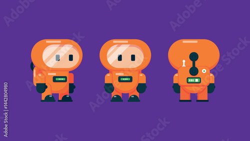 Cute E-sports Mascot Illustration Character in Orange Hazmat Suit Front, Side, and Back Views. This cartoon-style figure is perfect for use as an e-sports team mascot and a gaming avatar.