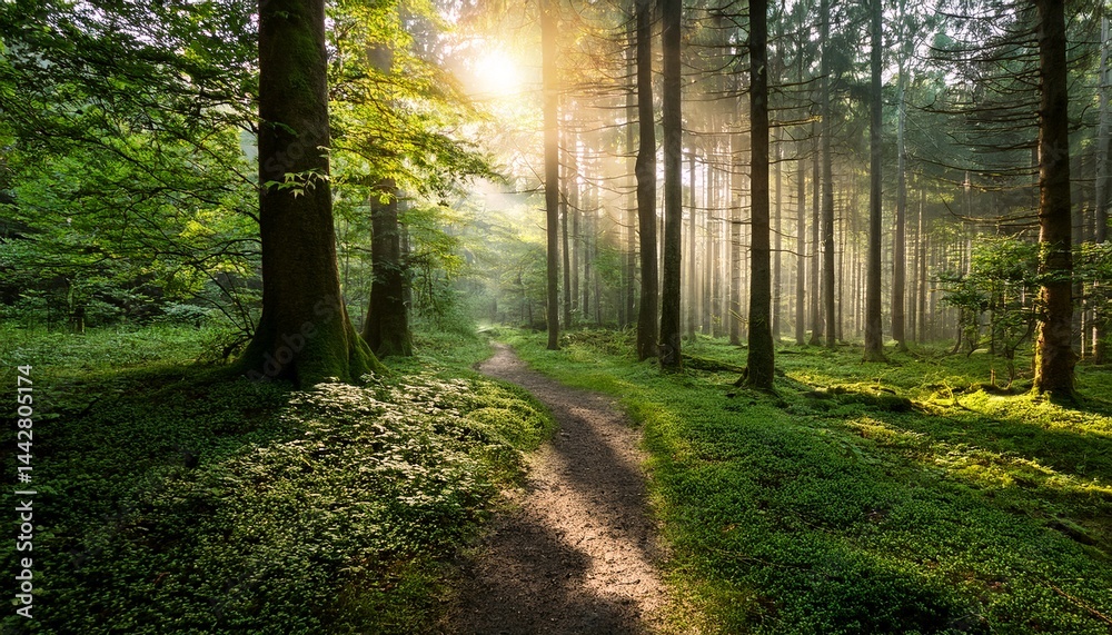 lush forest path in morning light lush forest path in morning light