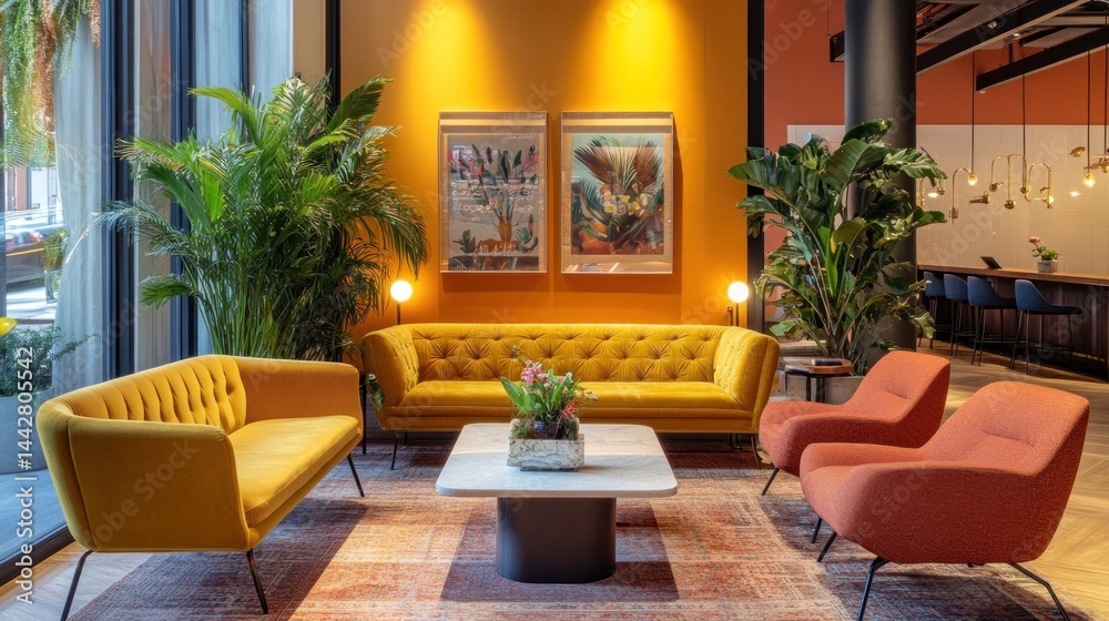 Obraz premium Modern, vibrant lobby with comfortable seating and tropical plants