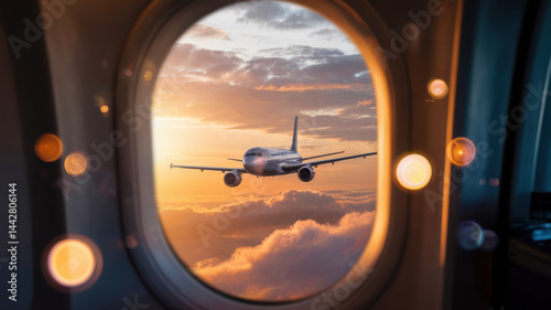 Passenger airplane ascending into golden sunset clouds viewed through window, symbolizing journey home, travel adventure and aviation experience.
