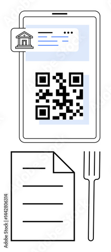 Mobile screen showing QR code, digital banking icon, document resembling menu, fork nearby. Ideal for contactless payment, digital menus, banking, dining tech, simple UI e-commerce flat simple