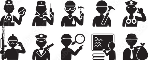 Diverse Professions Icon Set Healthcare, Construction, and Security