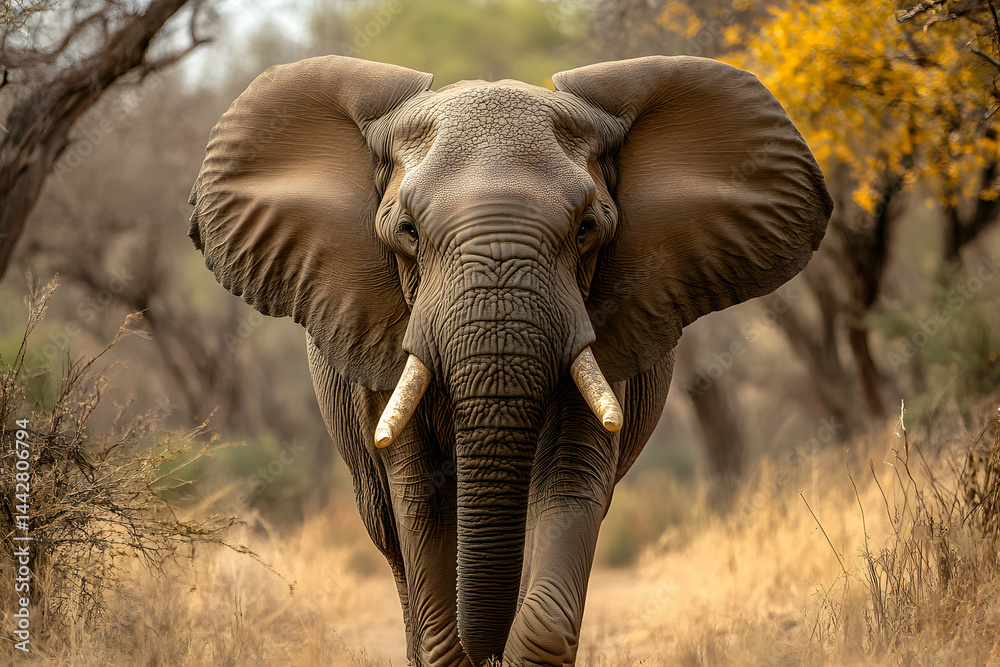 Fototapeta premium Detailed Portrait of a Fully Grown African Elephant in Motion