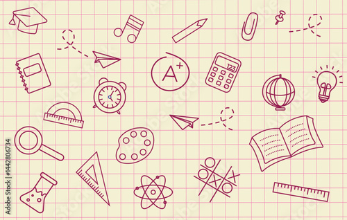 Vector doodle icon collection of essential school supplies drawn with a pen on a grid notebook background. Features books, pens, erasers, rulers, and more. Great for educational printables, web design