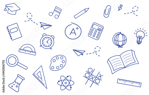 Vector doodle icon collection of essential school supplies drawn with a pen. Features books, pens, erasers, rulers, and more. Great for educational printables, web design, and student planners.