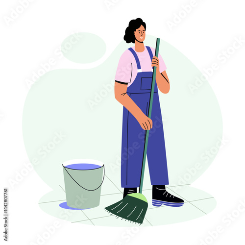 A flat style illustration of an office cleaner
