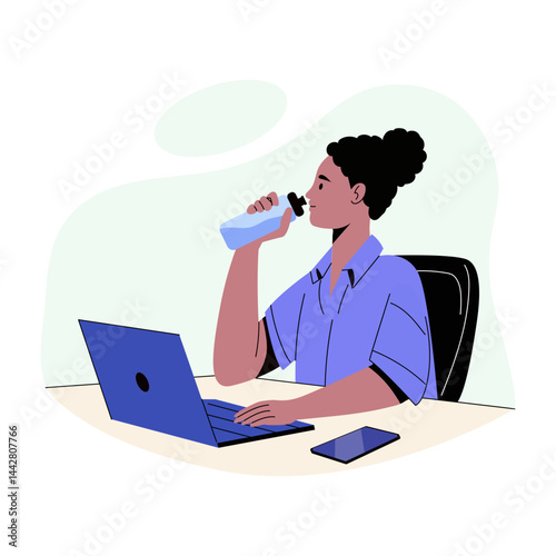A character sipping water, flat style illustration