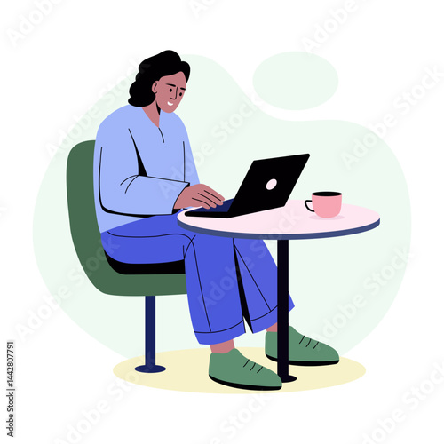 A female character doing online work, flat style illustration