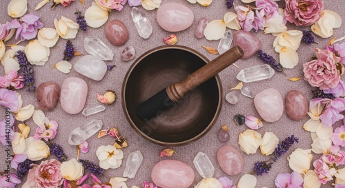 Spiritual top-down setup with singing bowl and ritual elements