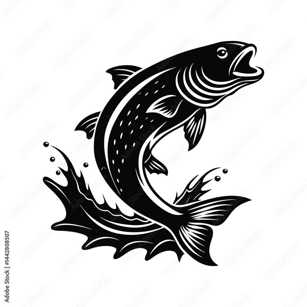 Fototapeta premium Fish Jumping Out of Water Silhouette Vector, Dynamic Fish Leaping Pose, Marine Wildlife Icon, Nature Illustration