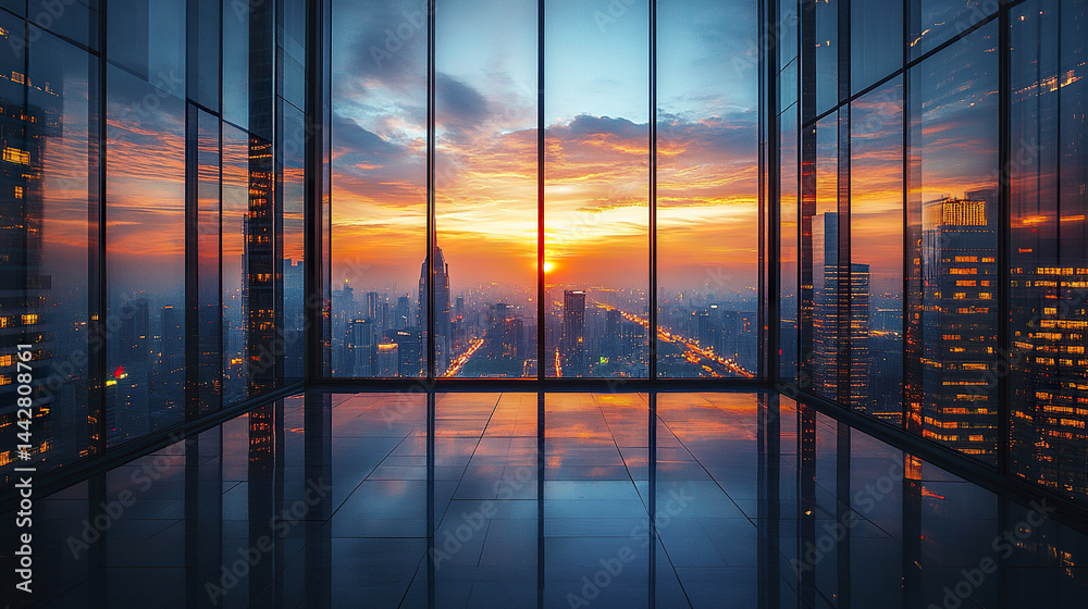 Fototapeta premium stunning cityscape view at sunset, showcasing reflective high rises and vibrant colors