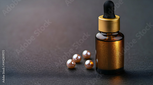 Aesthetic amber serum essence with luxurious gold details and scattered pearl accents