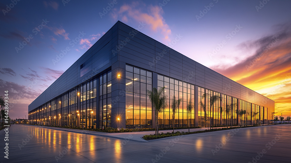 Expansive logistics hub with metallic facade and sunset backdrop, showcasing modern architecture Expansive logistics hub with metallic facade and sunset backdrop, showcasing modern architecture