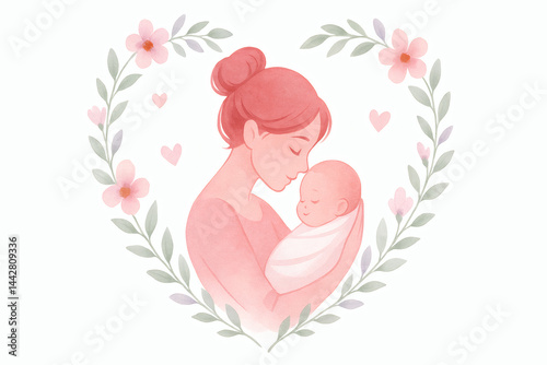 Watercolor Illustration of a Mother Gently Holding Her Baby Inside a Heart-Shaped Floral Frame – Soft Pink Pastel Art Symbolizing Love, Motherhood, and Family Bonding