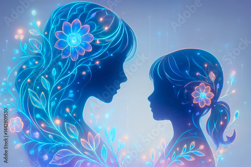 Enchanted Silhouette of Mother and Daughter with Glowing Floral Hair and Ethereal Light Effects – Fantasy Motherhood Art Depicting Love, Connection, and Nature in Magical Colors