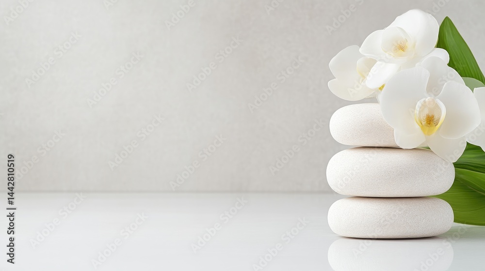 White spa stones stacked on a clean surface with delicate white orchid flowers, minimalist composition, and serene and tranquil setting. White spa stones stacked on a clean surface with delicate white orchid flowers, minimalist composition, and serene and tranquil setting.