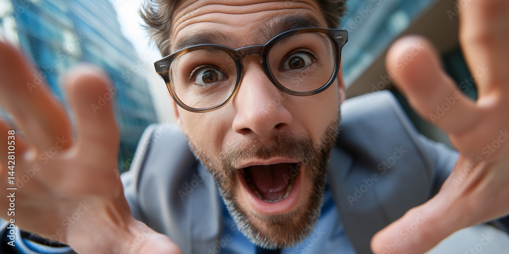Aufgeregter Mann mit Brille, der hervorschaut