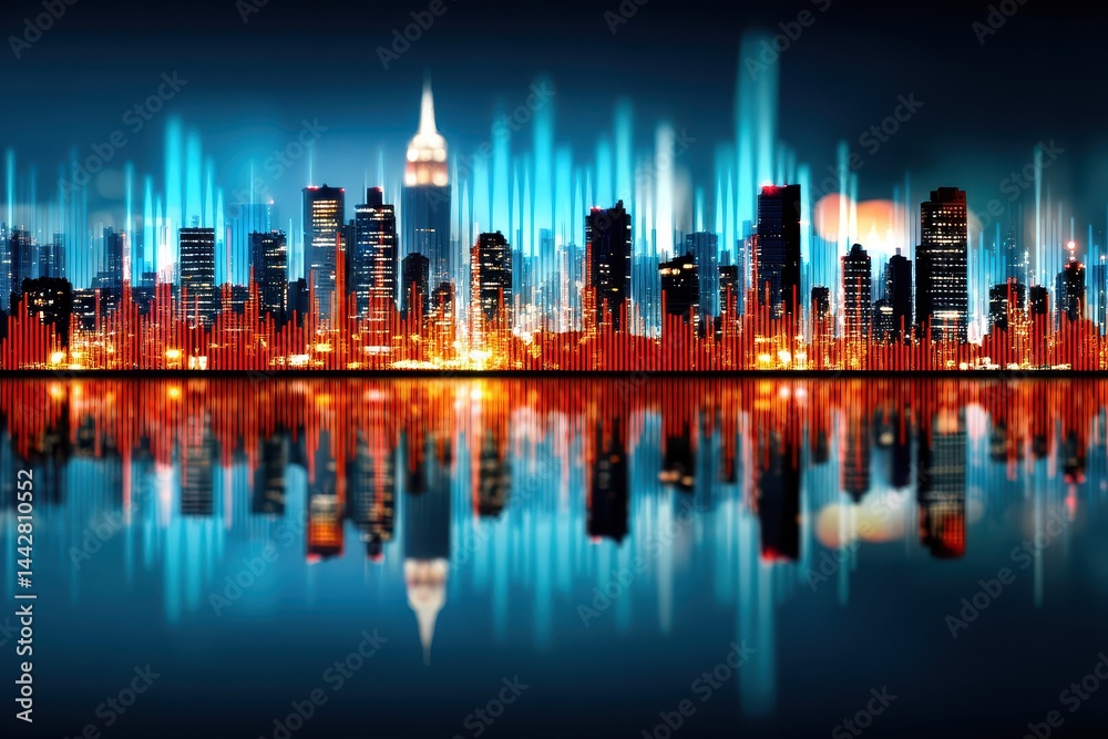 Fototapeta premium Stunning City Lights Reflection with Long Exposure Effects and Abstract Visuals at Night in Urban Environment