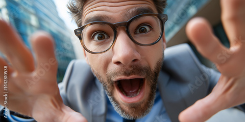 Aufgeregter Mann mit Brille, der hervorschaut