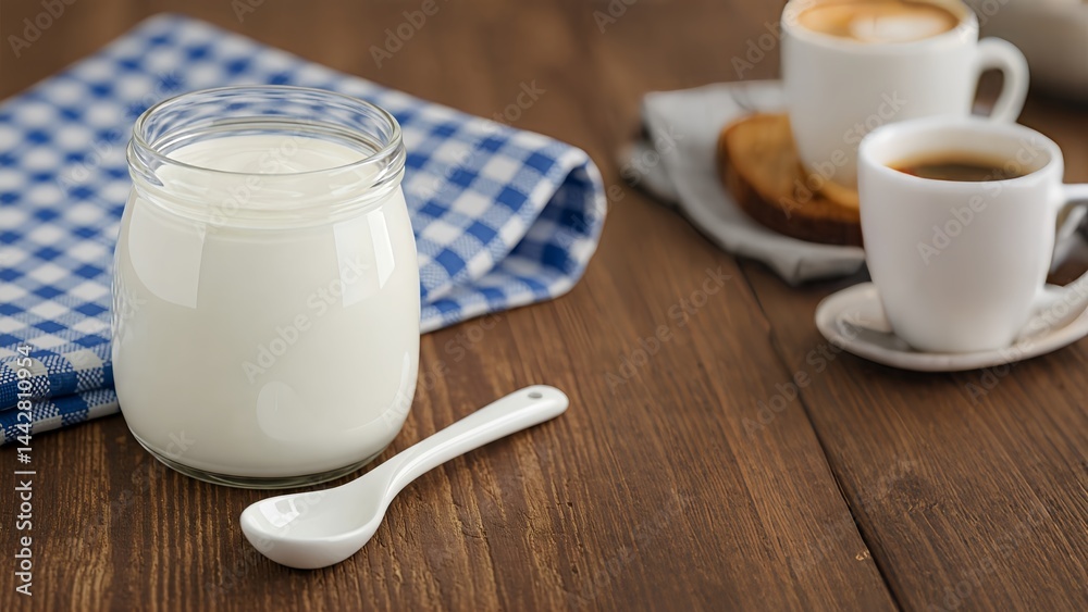 Jar of yogurt and spoon on a table with a checkered cloth. Two cups of coffee and toast are blurred in the background. Jar of yogurt and spoon on a table with a checkered cloth. Two cups of coffee and toast are blurred in the background.