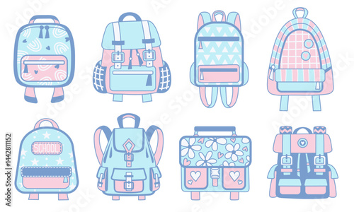 Girl Backpack set. School bag vector illudtrations set. Flat style cute design.