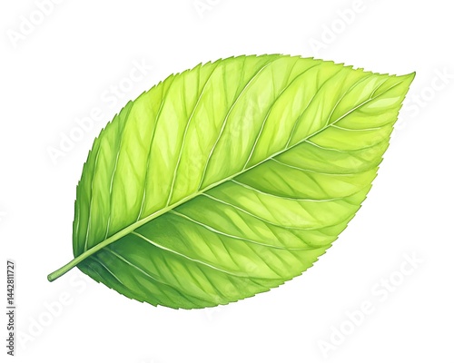 A vibrant, single, light-green leaf with prominent veins, isolated on a white background