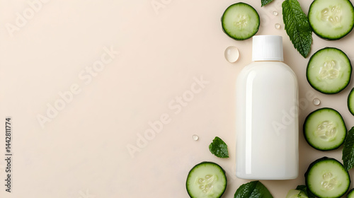 Fresh cucumber slices and lotion bottle arranged on pastel surface for natural cosmetics photo