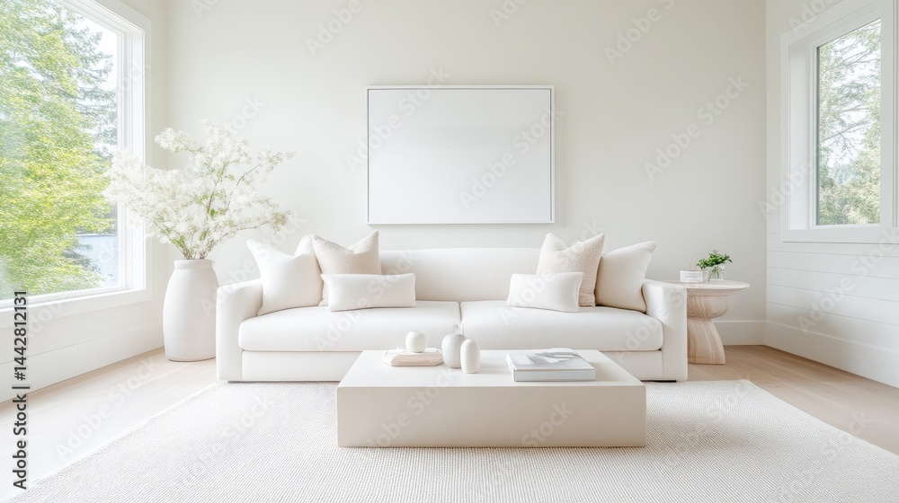 A modern white sofa with plush cushions in a minimalist living room, large windows with natural light, and elegant interior design concept. A modern white sofa with plush cushions in a minimalist living room, large windows with natural light, and elegant interior design concept.