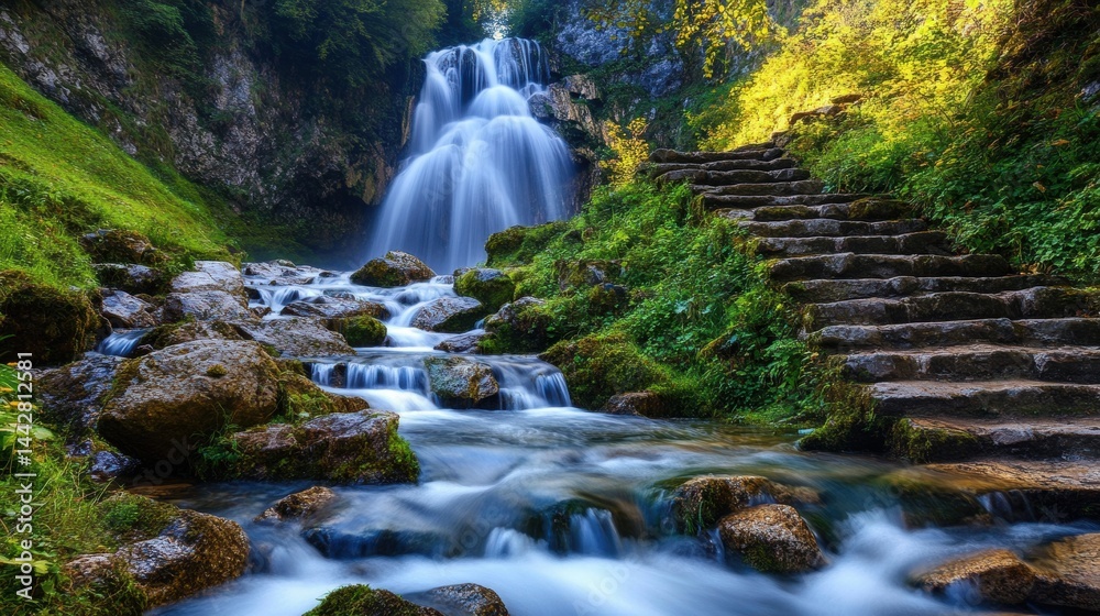Obraz premium Serene waterfall cascading over rocks amidst lush green landscape