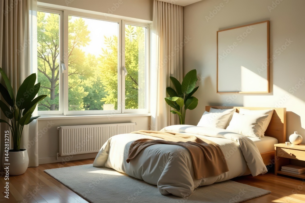 Fototapeta premium Sunlight streams through a large window illuminating a bright, cheerful bedroom , cozy, pillow, fresh