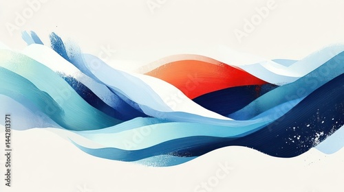 Abstract waves in blue and red hues create a dynamic and fluid visual effect.