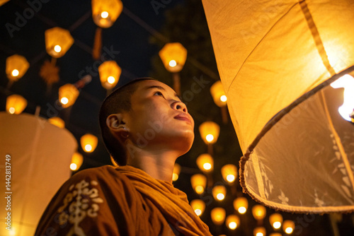 Lantern Glow - Yi Peng Festival with a serene face illuminated by floating lanterns