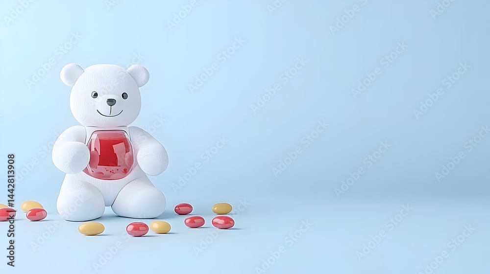 Obraz premium A white teddy bear holds a translucent jar of red jelly, surrounded by scattered red and yellow candies on a light blue background