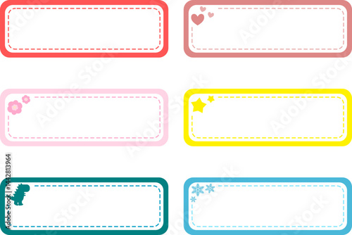 set of colorful labels, a dinosaur, hearts, flowers, stars, snowflakes