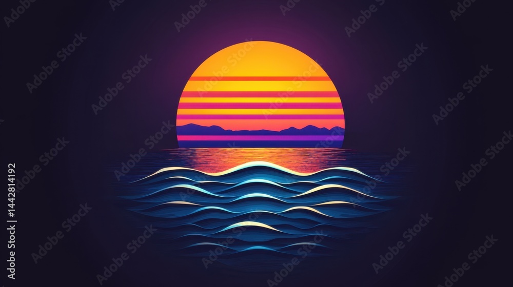 Vibrant Sunset Over Waves with Bold Colors and Peaceful Atmosphere in a Digital Art Style Vibrant Sunset Over Waves with Bold Colors and Peaceful Atmosphere in a Digital Art Style
