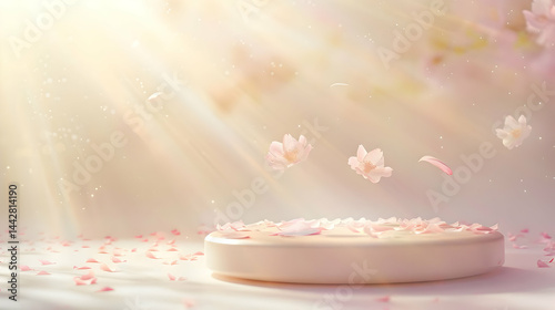 Elegant floral platform with delicate cherry blossom petals, illuminated by sunbeams