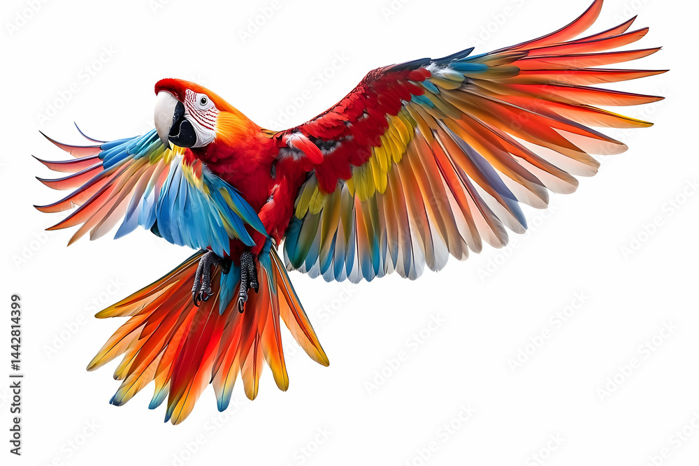 Fototapeta premium Graceful Red Macaw Flying Against Pure White Backdrop