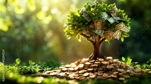 Money tree growing from golden coins, symbolizing investment, financial growth, dollar success, and wealth management