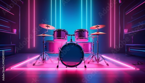 A drum set is illuminated by vibrant neon lights in a futuristic, colorful studio setting.