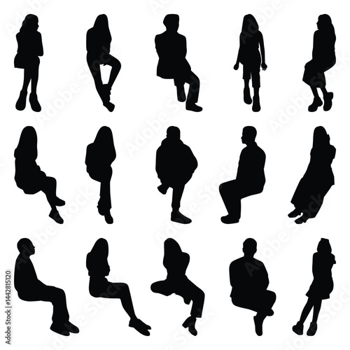 Vector collection set of sitting people silhouettes.	
