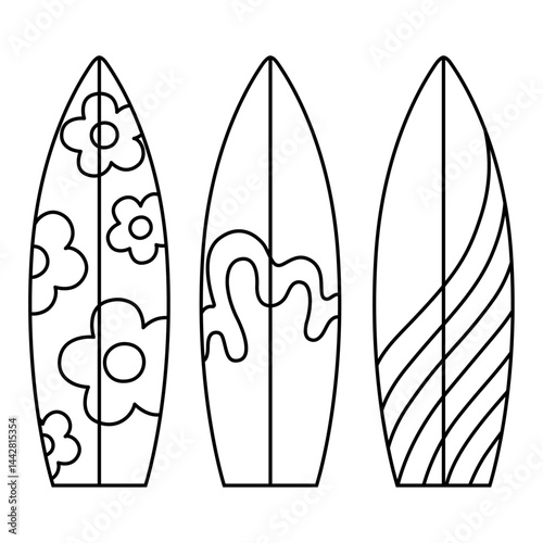 Kawaii surfboards coloring page in black and white. Set of three surfboards with fun summer patterns. Comfy and bold easy coloring page perfect for kids, teens, and summer beach activities.