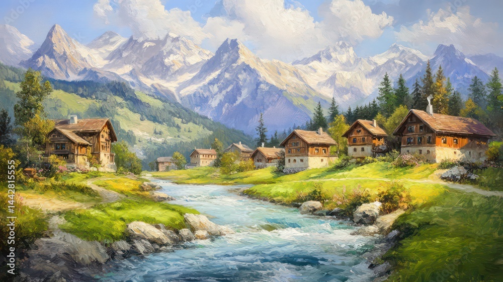 Fototapeta premium Mountain chalets nestled by rushing stream