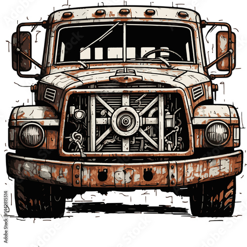 An old red automobile, a classic retro transport with a rusty bumper and round headlight, is isolated on white