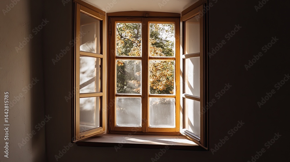 Sunlight through open wooden window with view of autumn trees from dark interior Sunlight through open wooden window with view of autumn trees from dark interior