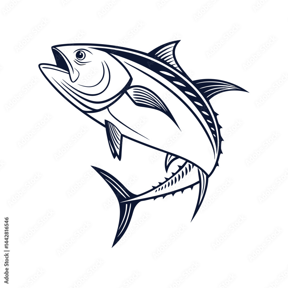 Obraz premium Tuna Fish Silhouette Vector, Black Sea Fish Clipart, Marine Animal Icon for Fishing, Seafood,
