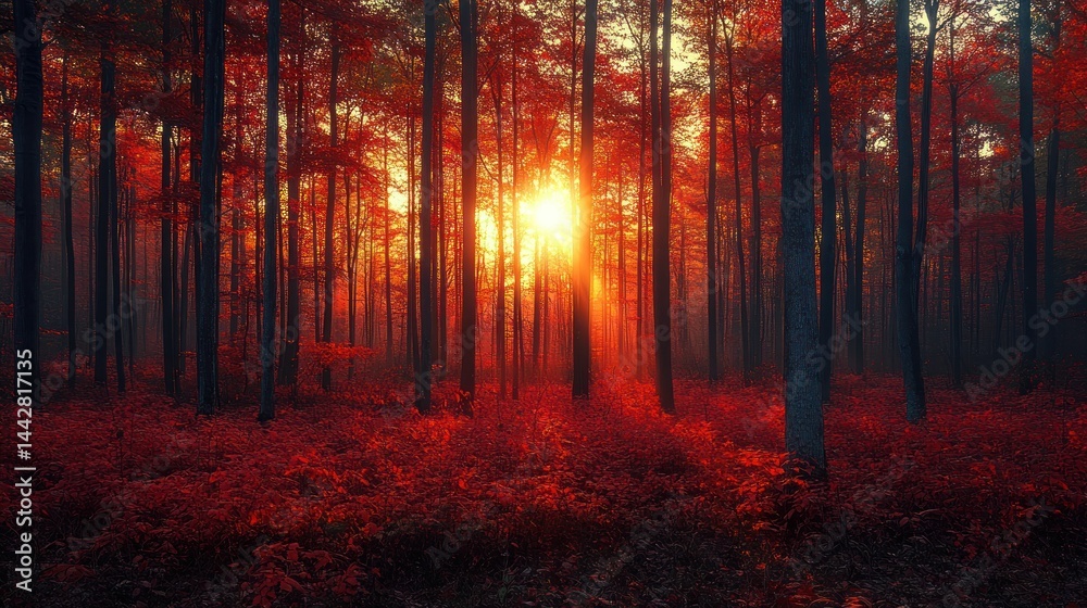 Obraz premium Fiery sunset illuminating a red autumn forest, sun rays through trees, misty atmosphere.