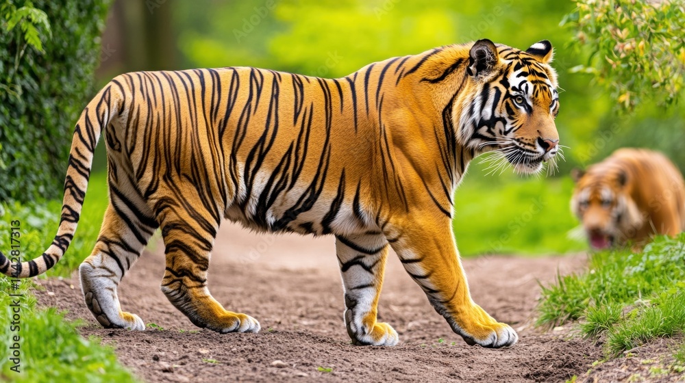 Obraz premium Majestic Tiger Walking Through Lush Green Forest Pathway